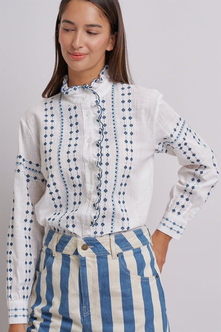 Delicate Vintage Stitch Embroidered Blouse in Ivory Blue - Women's Wholesale Blankets | Trend Notes