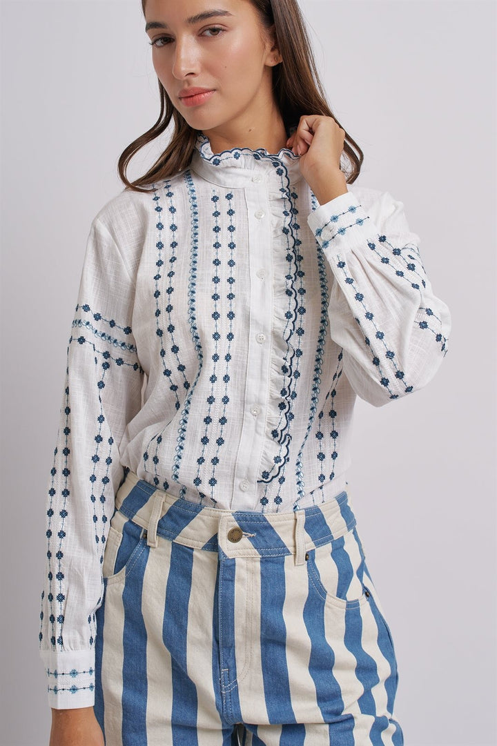Delicate Vintage Stitch Embroidered Blouse in Ivory Blue - Women's Wholesale Blankets | Trend Notes