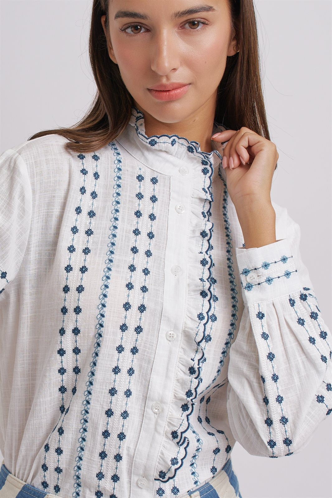 Delicate Vintage Stitch Embroidered Blouse in Ivory Blue - Women's Wholesale Blankets | Trend Notes