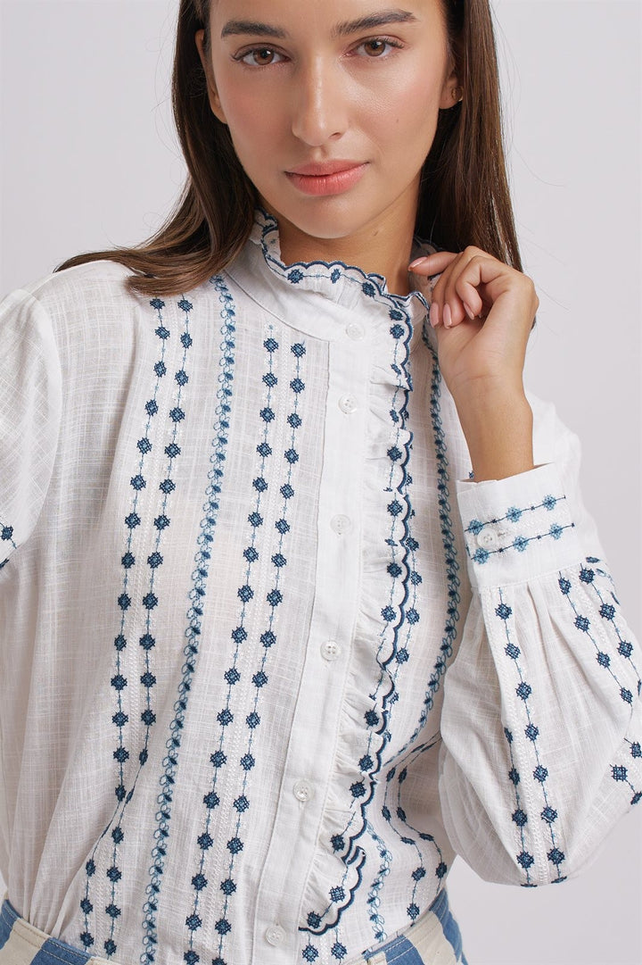 Delicate Vintage Stitch Embroidered Blouse in Ivory Blue - Women's Wholesale Blankets | Trend Notes