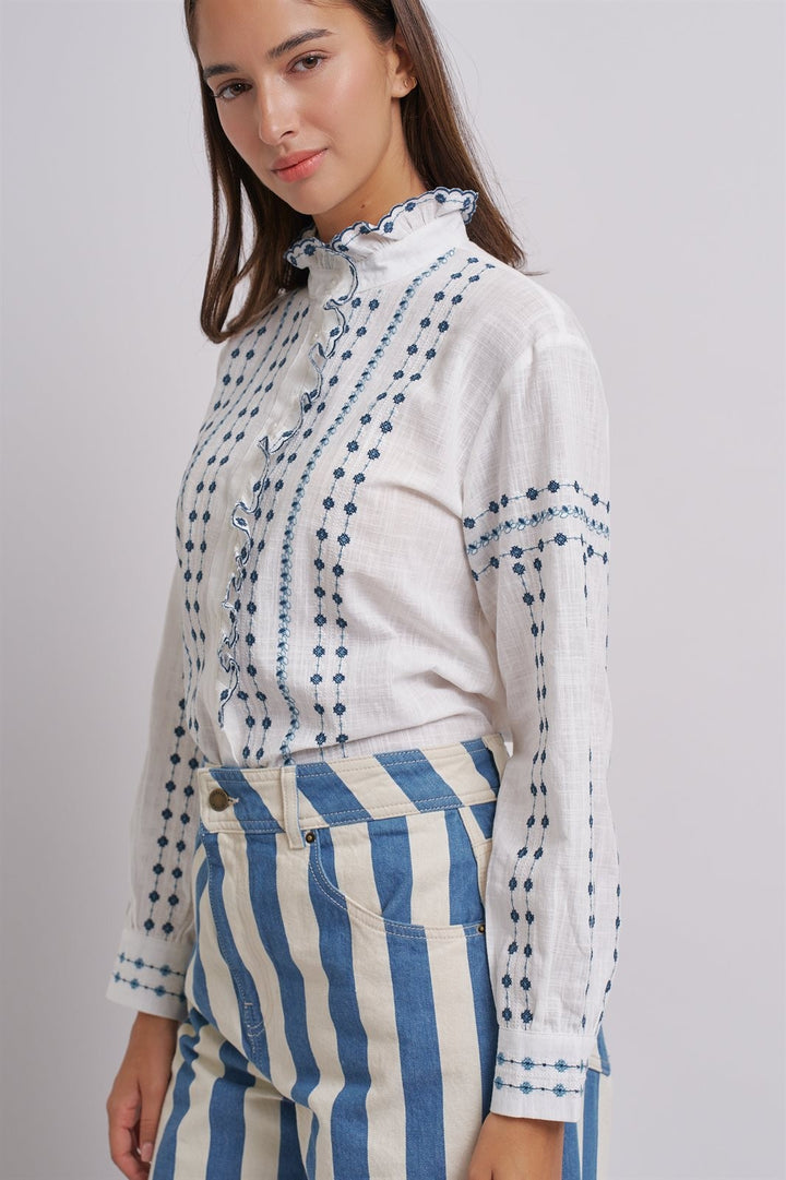 Delicate Vintage Stitch Embroidered Blouse in Ivory Blue - Women's Wholesale Blankets | Trend Notes