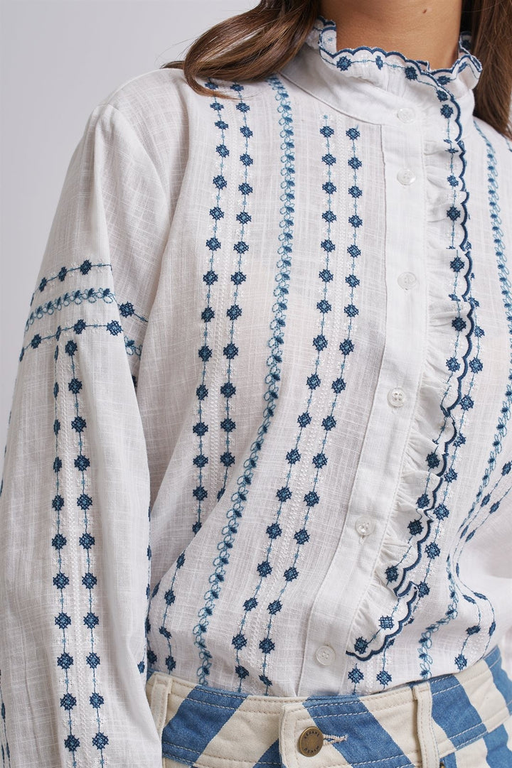 Delicate Vintage Stitch Embroidered Blouse in Ivory Blue - Women's Wholesale Blankets | Trend Notes