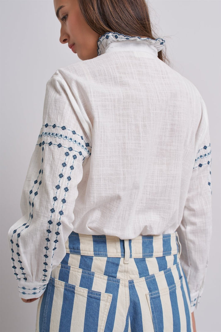 Delicate Vintage Stitch Embroidered Blouse in Ivory Blue - Women's Wholesale Blankets | Trend Notes