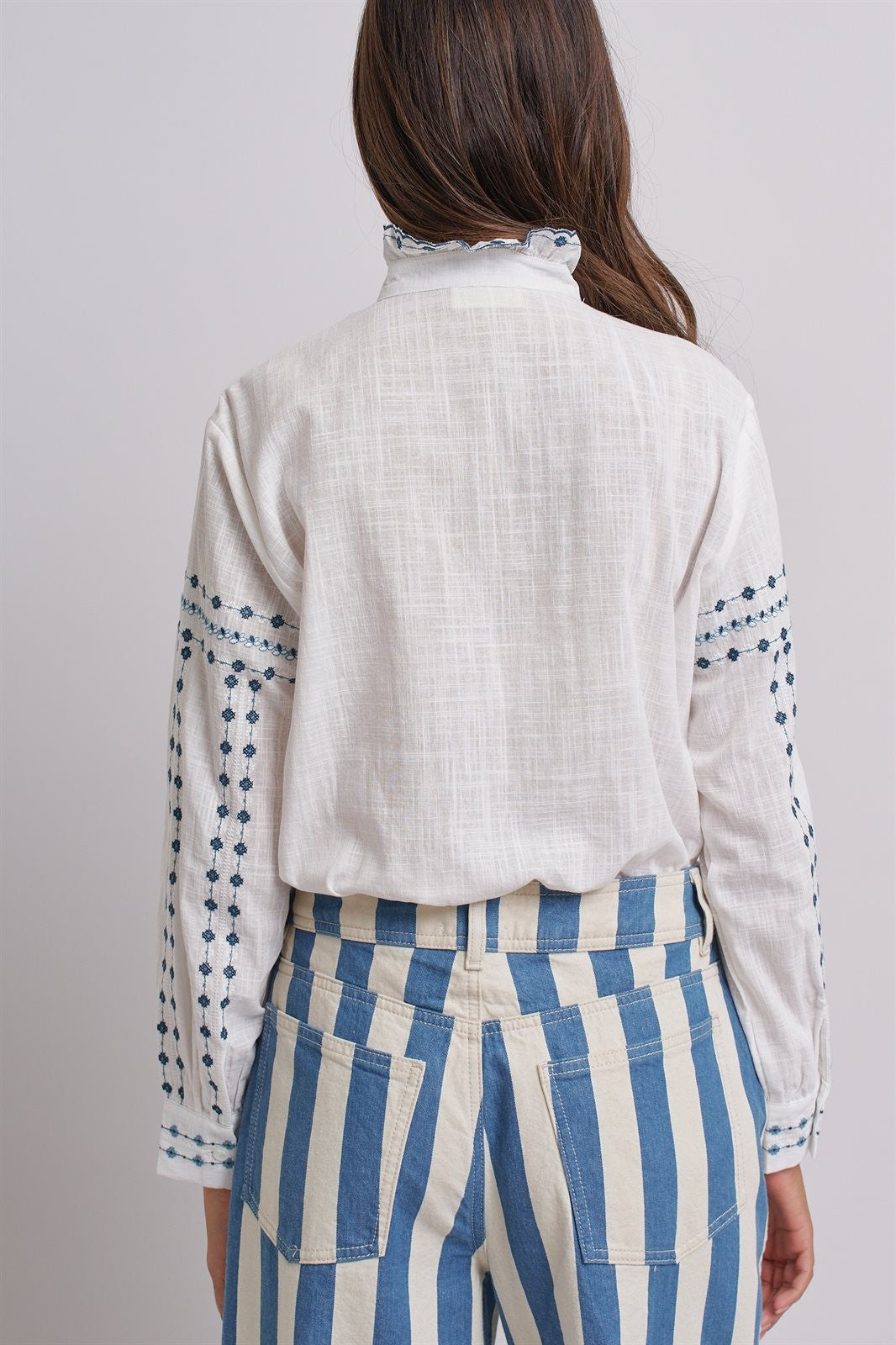 Delicate Vintage Stitch Embroidered Blouse in Ivory Blue - Women's Wholesale Blankets | Trend Notes