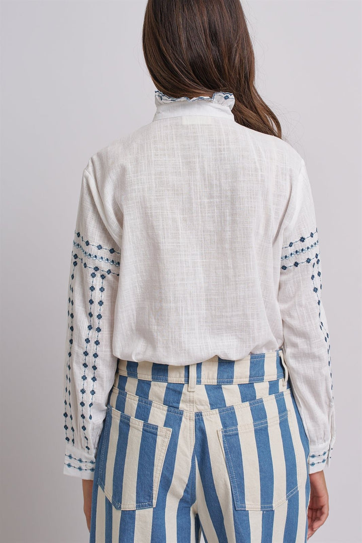 Delicate Vintage Stitch Embroidered Blouse in Ivory Blue - Women's Wholesale Blankets | Trend Notes