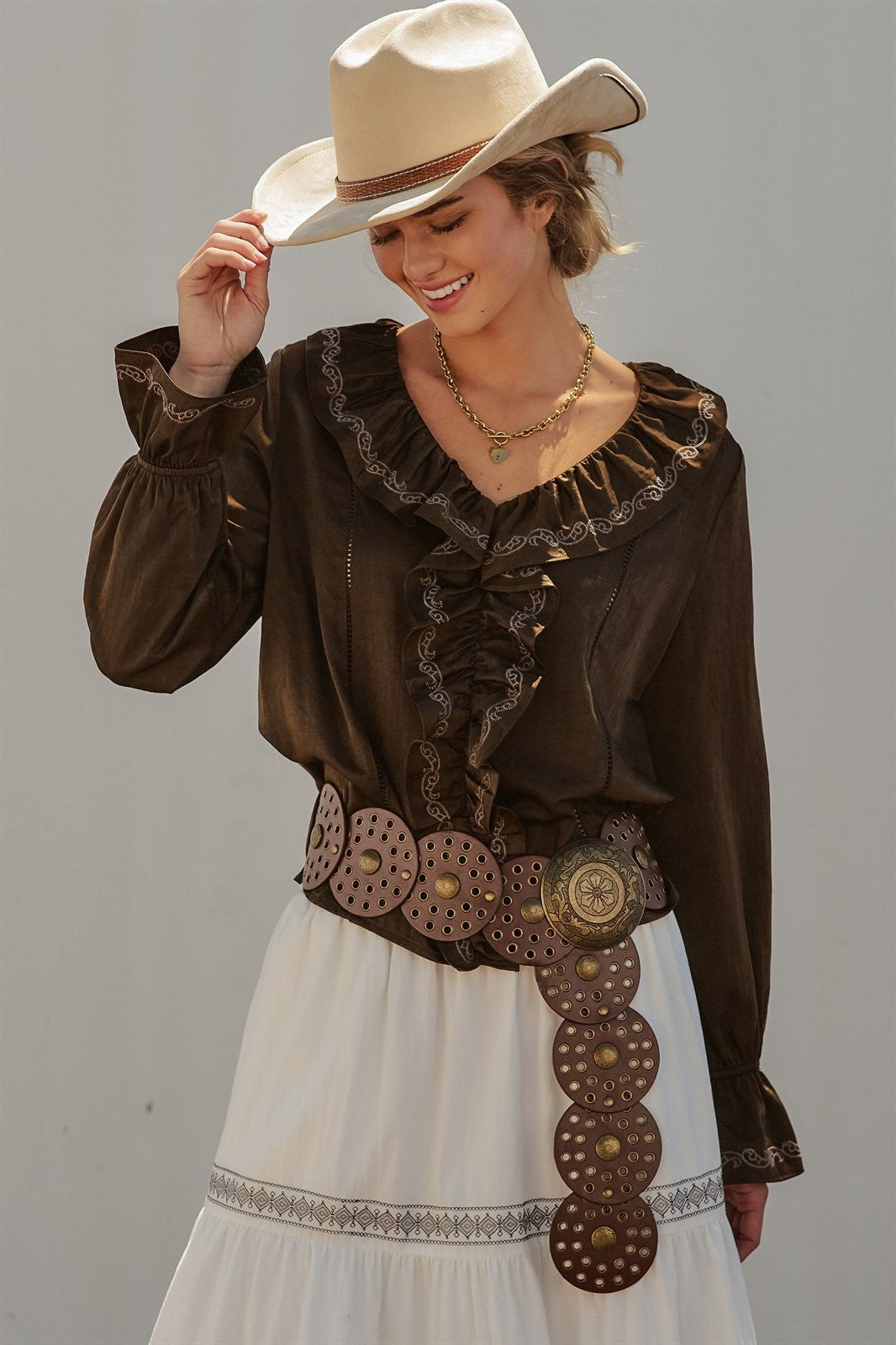 Western Cowgirl Embroidered Satin Ruffle Blouse Prairie Boho in Brown - Women's Wholesale Blankets | Trend Notes