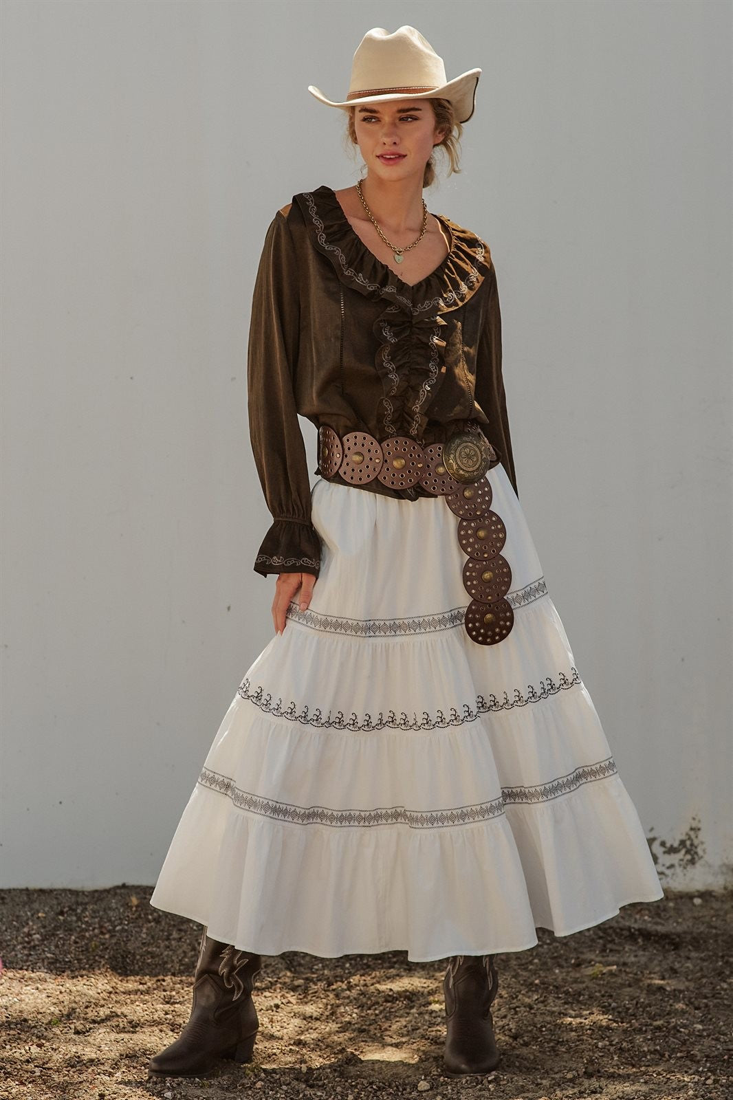 Western Cowgirl Embroidered Satin Ruffle Blouse Prairie Boho in Brown - Women's Wholesale Blankets | Trend Notes