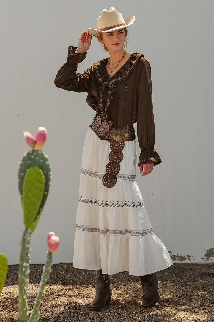 Western Cowgirl Embroidered Satin Ruffle Blouse Prairie Boho in Brown - Women's Wholesale Blankets | Trend Notes
