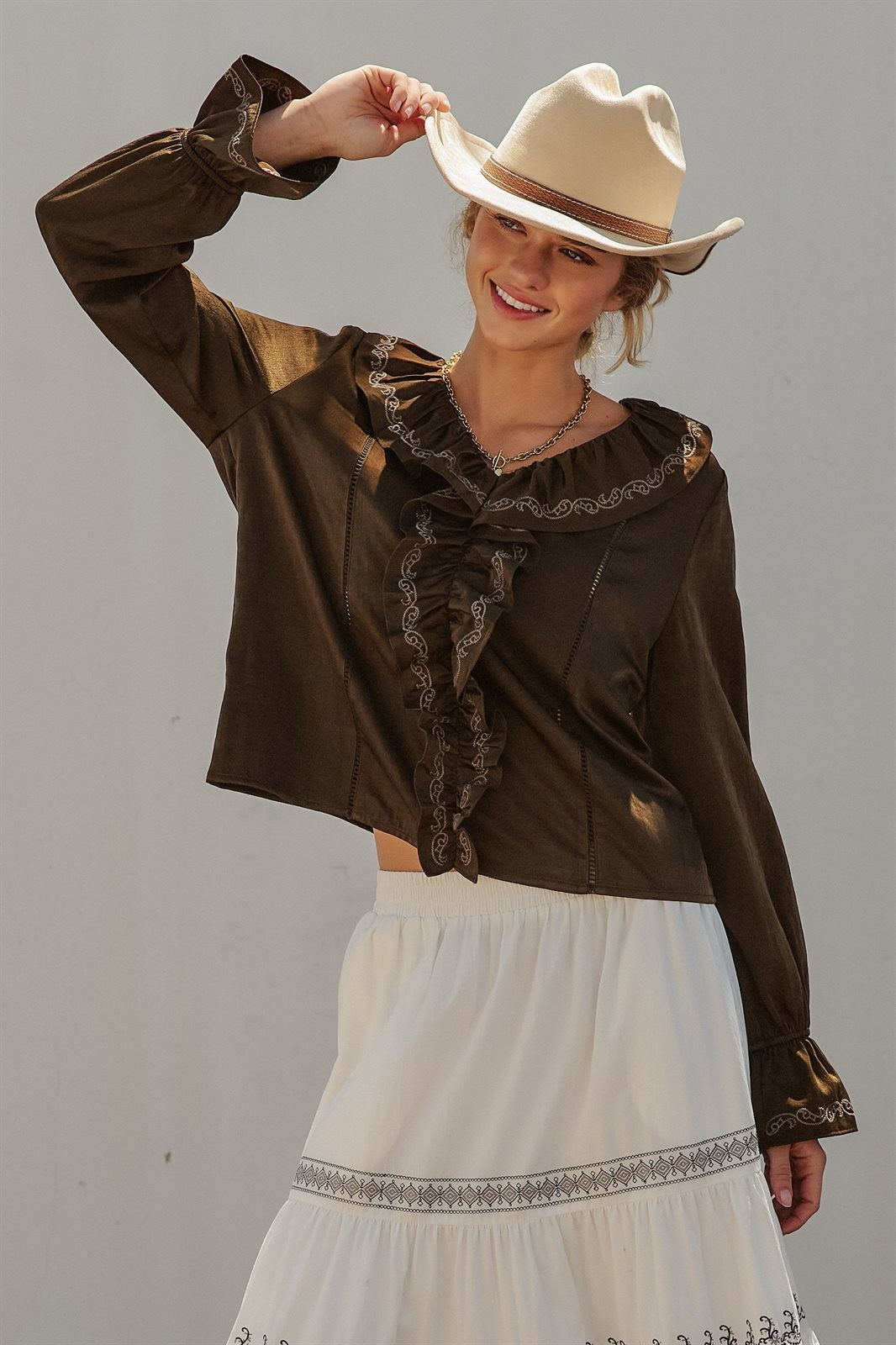 Western Cowgirl Embroidered Satin Ruffle Blouse Prairie Boho in Brown - Women's Wholesale Blankets | Trend Notes