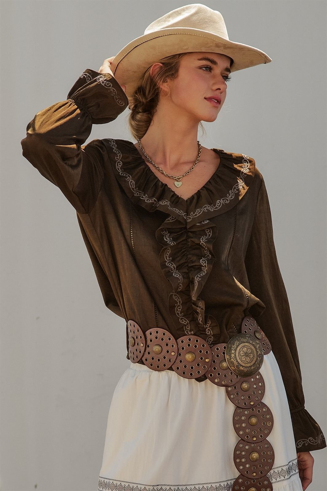 Western Cowgirl Embroidered Satin Ruffle Blouse Prairie Boho in Brown - Women's Wholesale Blankets | Trend Notes