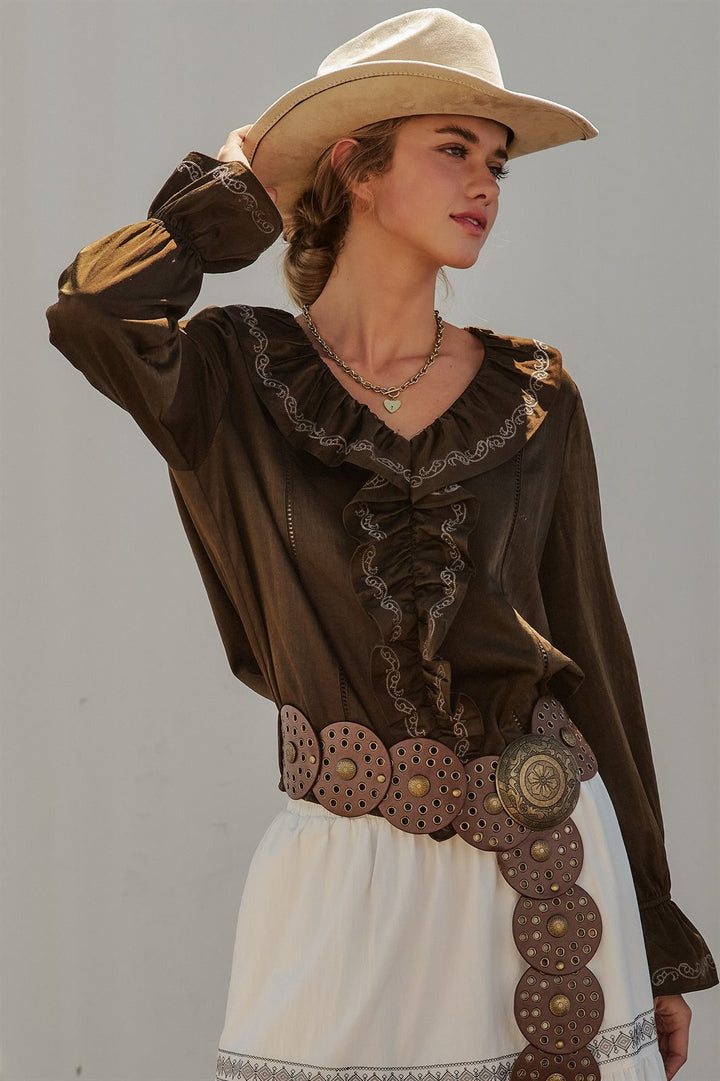 Western Cowgirl Embroidered Satin Ruffle Blouse Prairie Boho in Brown - Women's Wholesale Blankets | Trend Notes