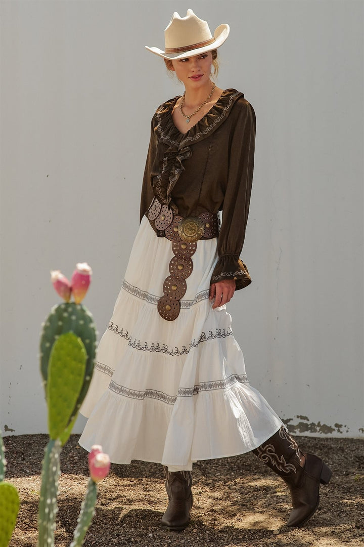 Western Cowgirl Embroidered Satin Ruffle Blouse Prairie Boho in Brown - Women's Wholesale Blankets | Trend Notes