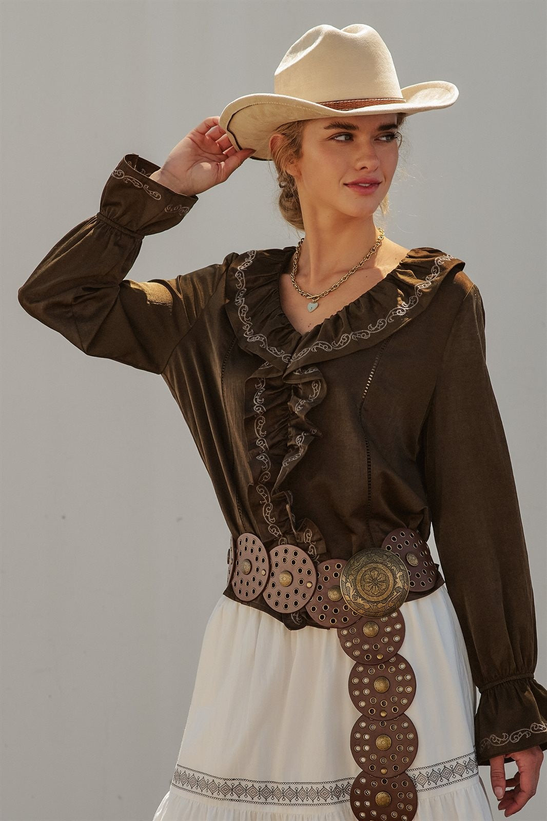 Western Cowgirl Embroidered Satin Ruffle Blouse Prairie Boho in Brown - Women's Wholesale Blankets | Trend Notes