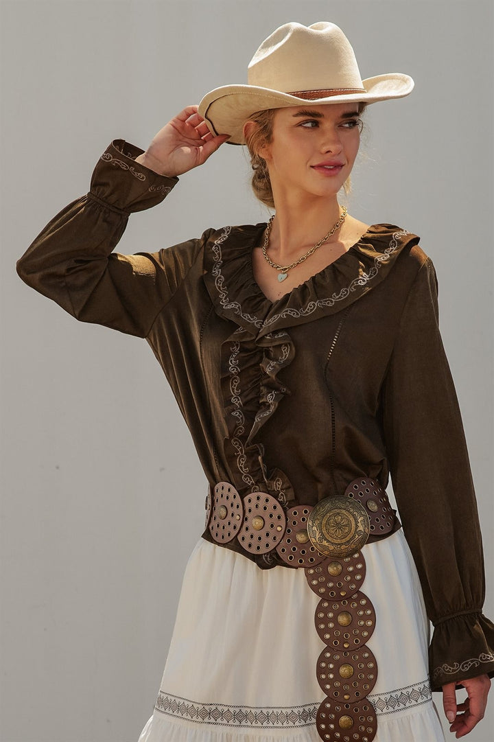 Western Cowgirl Embroidered Satin Ruffle Blouse Prairie Boho in Brown - Women's Wholesale Blankets | Trend Notes