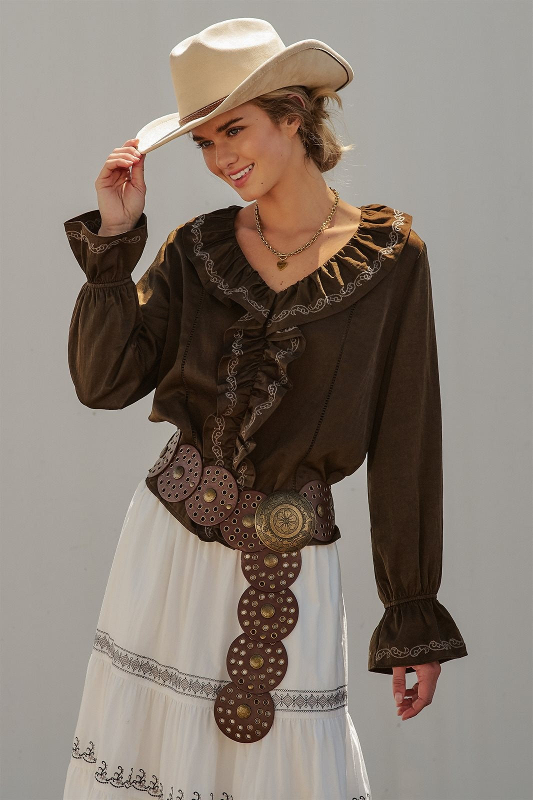 Western Cowgirl Embroidered Satin Ruffle Blouse Prairie Boho in Brown - Women's Wholesale Blankets | Trend Notes