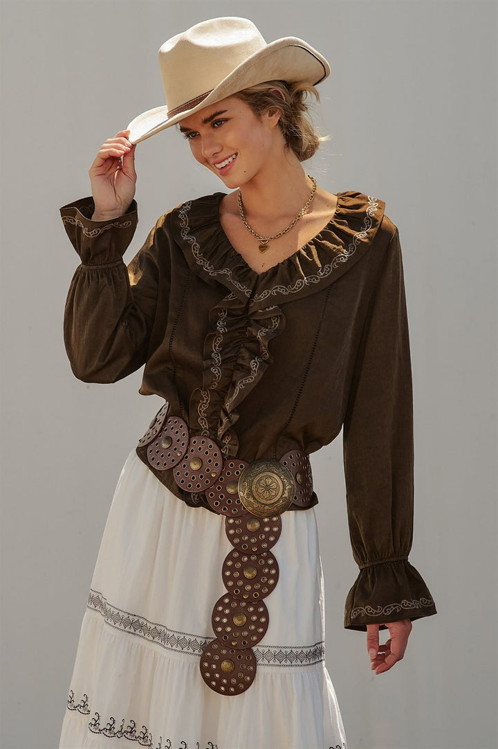 Western Cowgirl Embroidered Satin Ruffle Blouse Prairie Boho in Brown - Women's Wholesale Blankets | Trend Notes