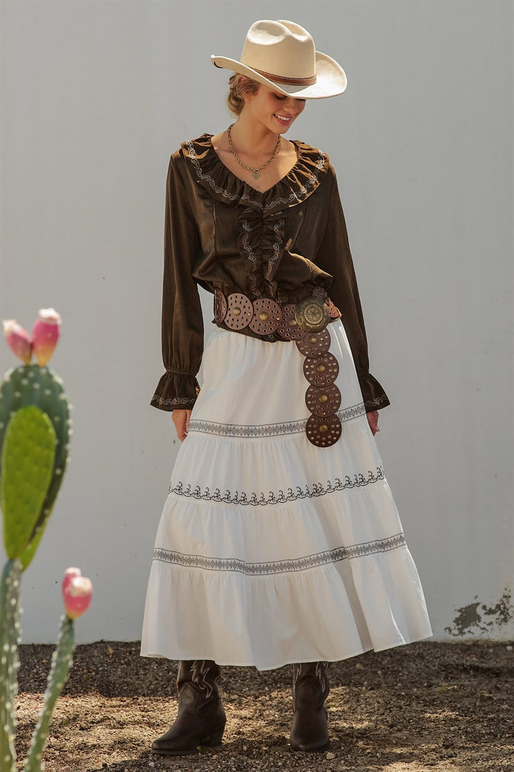Western Cowgirl Embroidered Satin Ruffle Blouse Prairie Boho in Brown - Women's Wholesale Blankets | Trend Notes