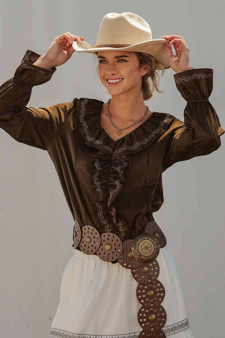 Western Cowgirl Embroidered Satin Ruffle Blouse Prairie Boho in Brown - Women's Wholesale Blankets | Trend Notes