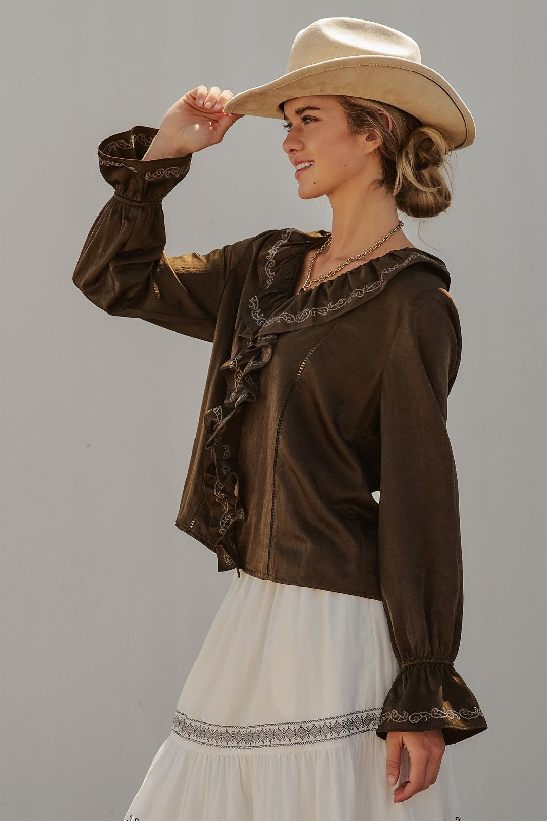 Western Cowgirl Embroidered Satin Ruffle Blouse Prairie Boho in Brown - Women's Wholesale Blankets | Trend Notes