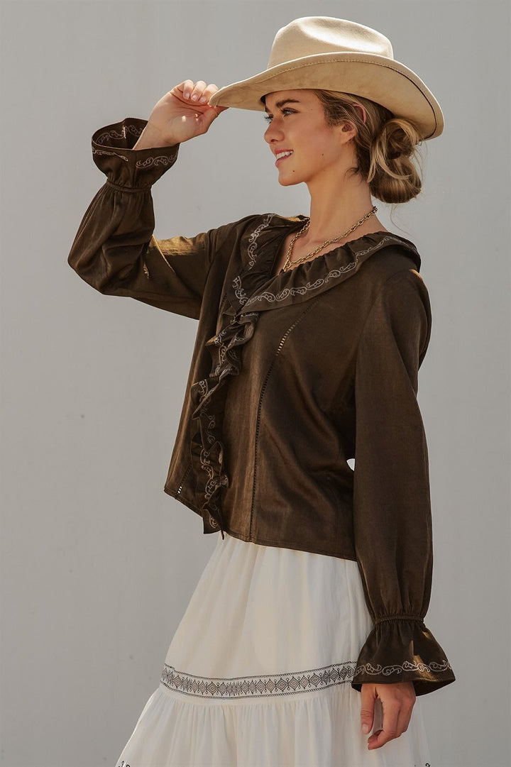 Western Cowgirl Embroidered Satin Ruffle Blouse Prairie Boho in Brown - Women's Wholesale Blankets | Trend Notes