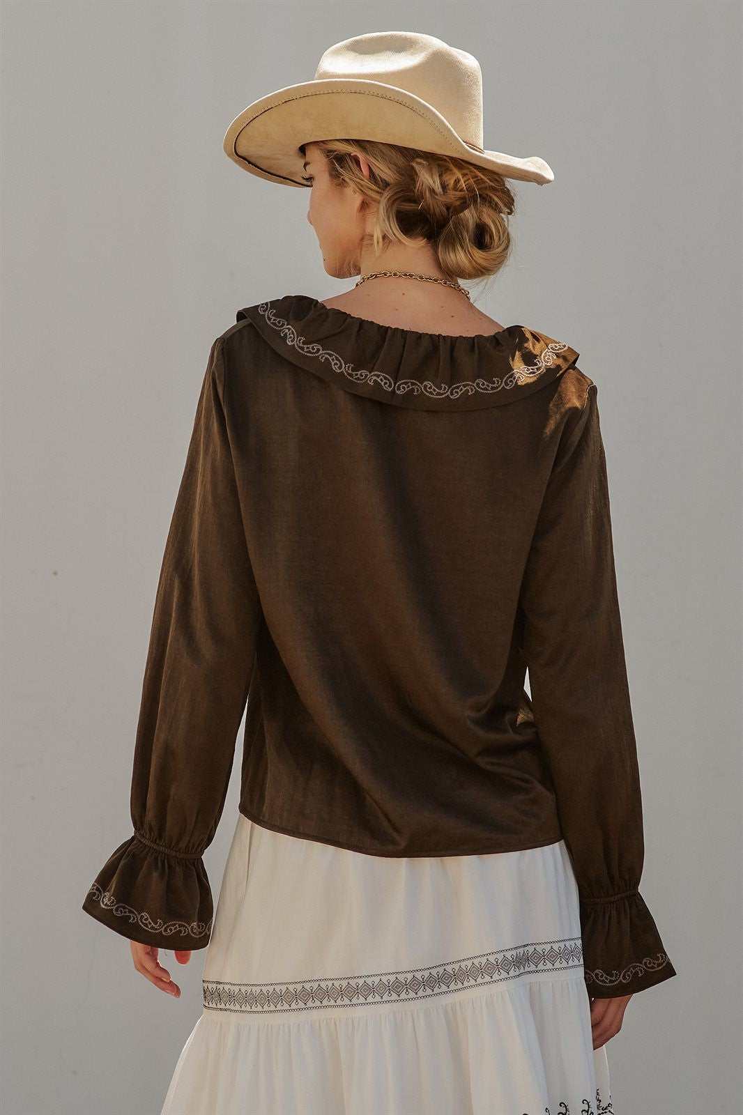 Western Cowgirl Embroidered Satin Ruffle Blouse Prairie Boho in Brown - Women's Wholesale Blankets | Trend Notes