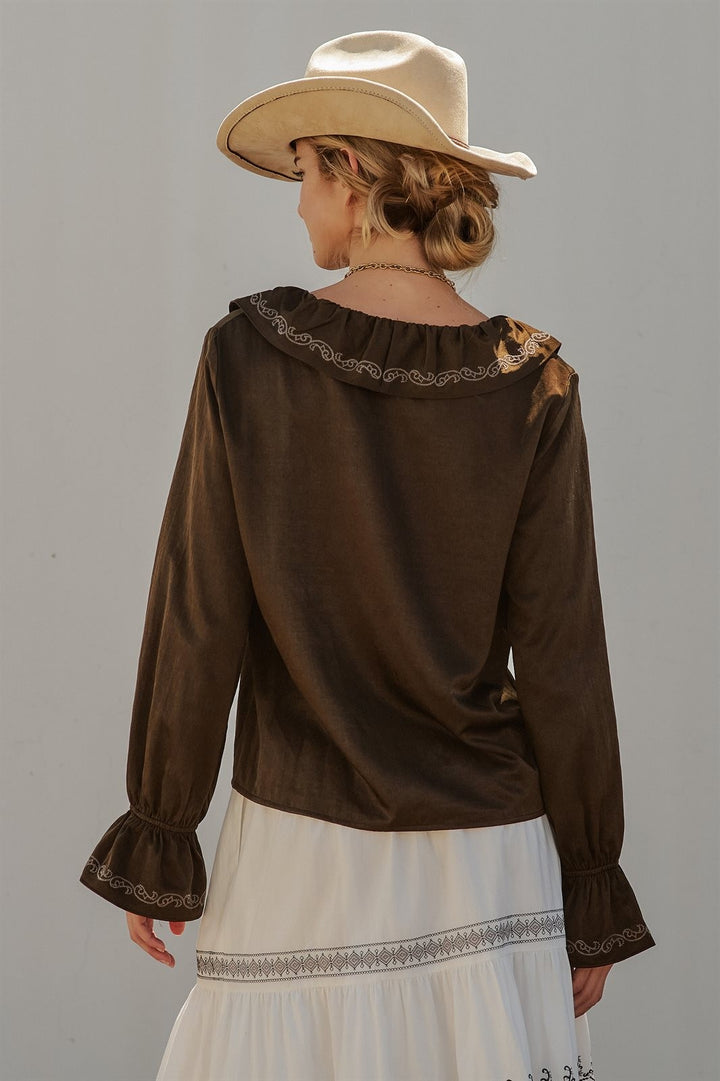 Western Cowgirl Embroidered Satin Ruffle Blouse Prairie Boho in Brown - Women's Wholesale Blankets | Trend Notes