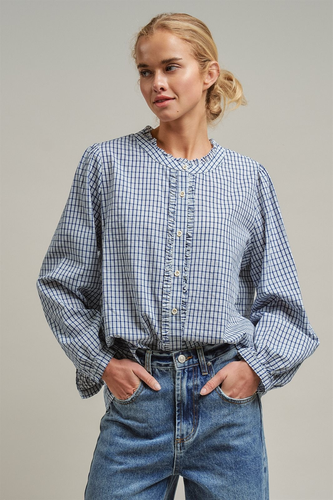 Gingham Check Ruffle Long Sleeve Button Up Cotton Blouse in Blue - Women's Wholesale Blankets | Trend Notes