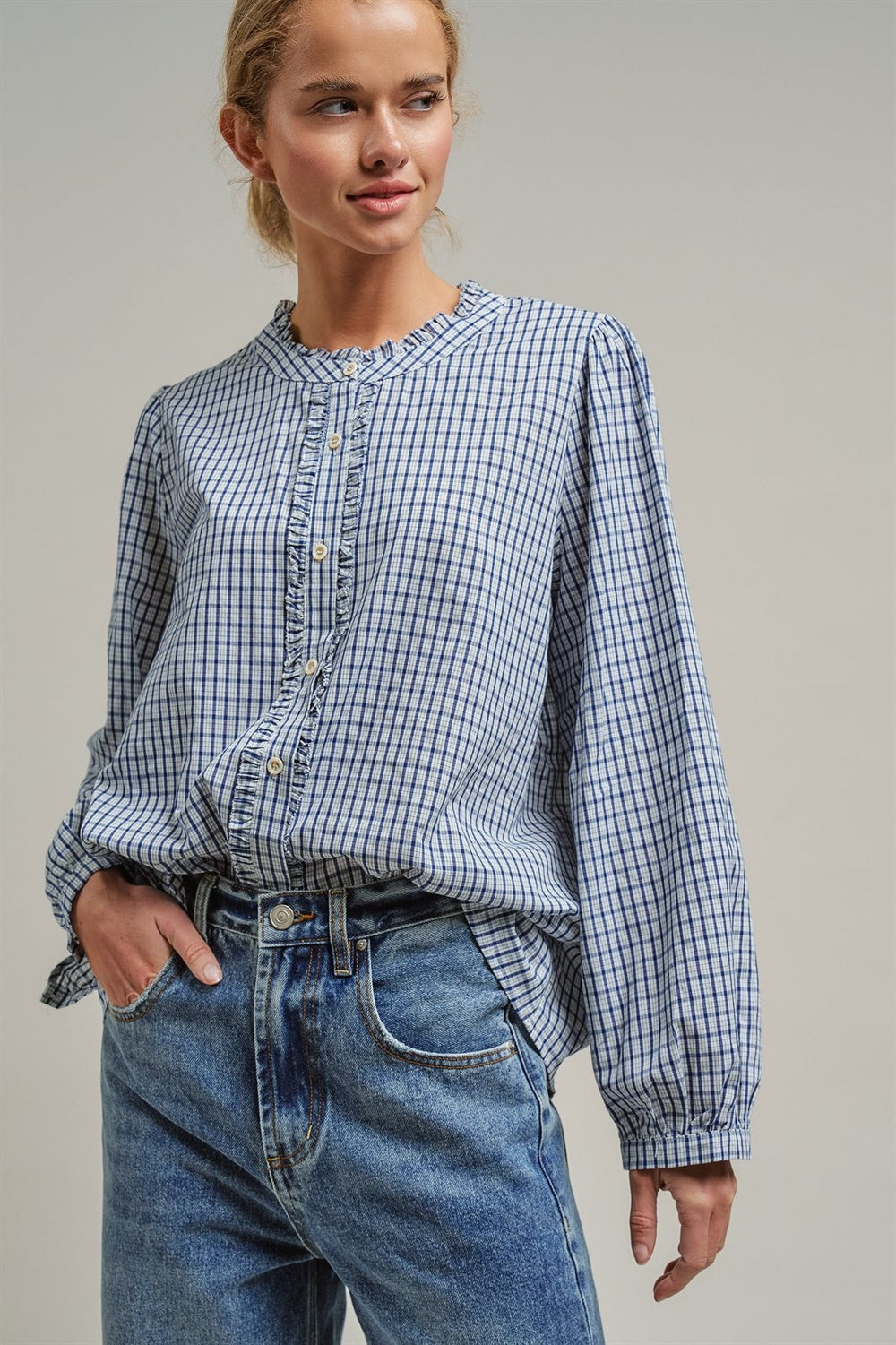 Gingham Check Ruffle Long Sleeve Button Up Cotton Blouse in Blue - Women's Wholesale Blankets | Trend Notes