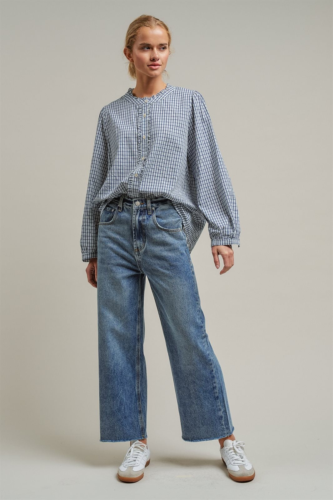 Gingham Check Ruffle Long Sleeve Button Up Cotton Blouse in Blue - Women's Wholesale Blankets | Trend Notes