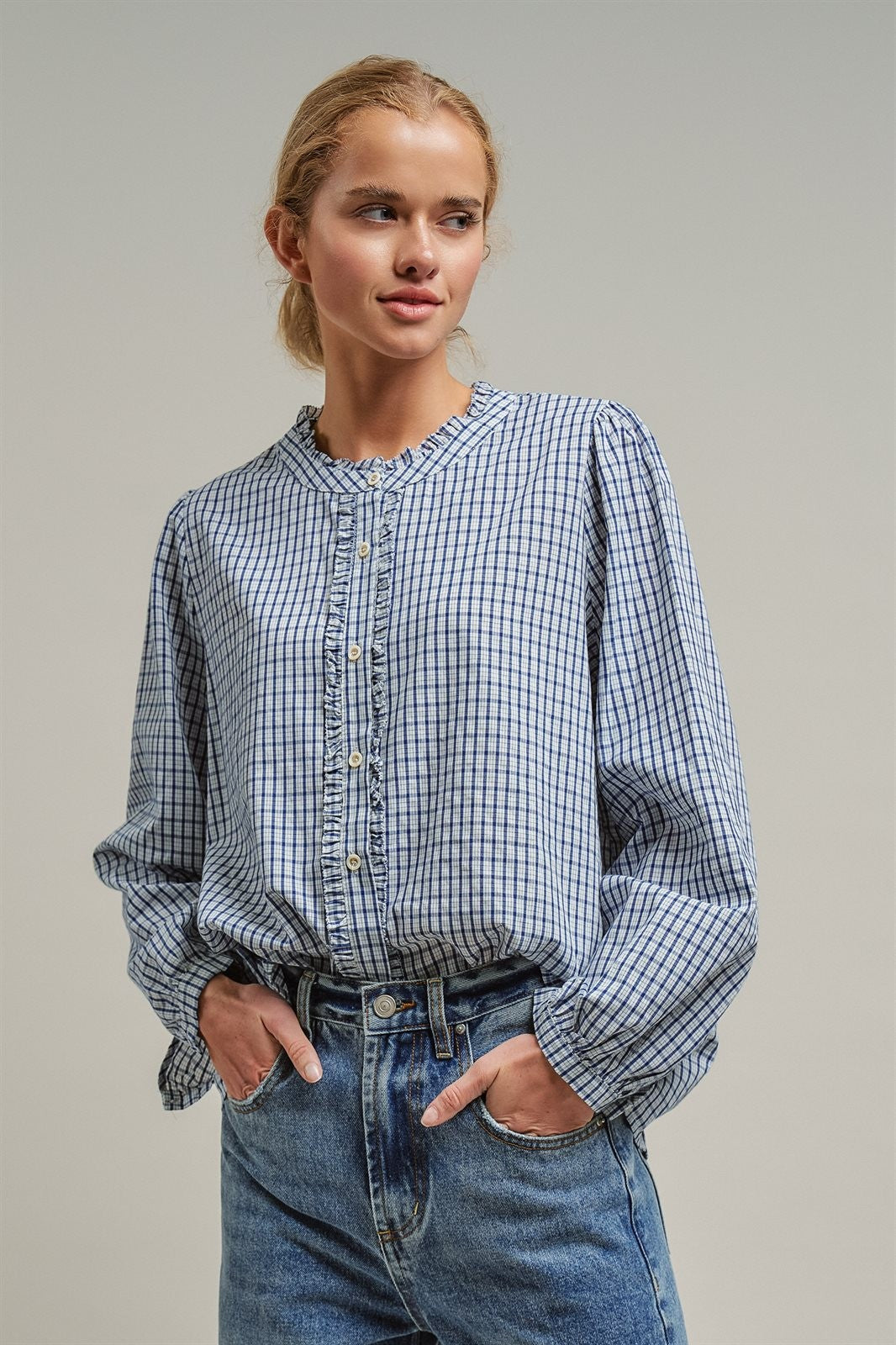 Gingham Check Ruffle Long Sleeve Button Up Cotton Blouse in Blue - Women's Wholesale Blankets | Trend Notes