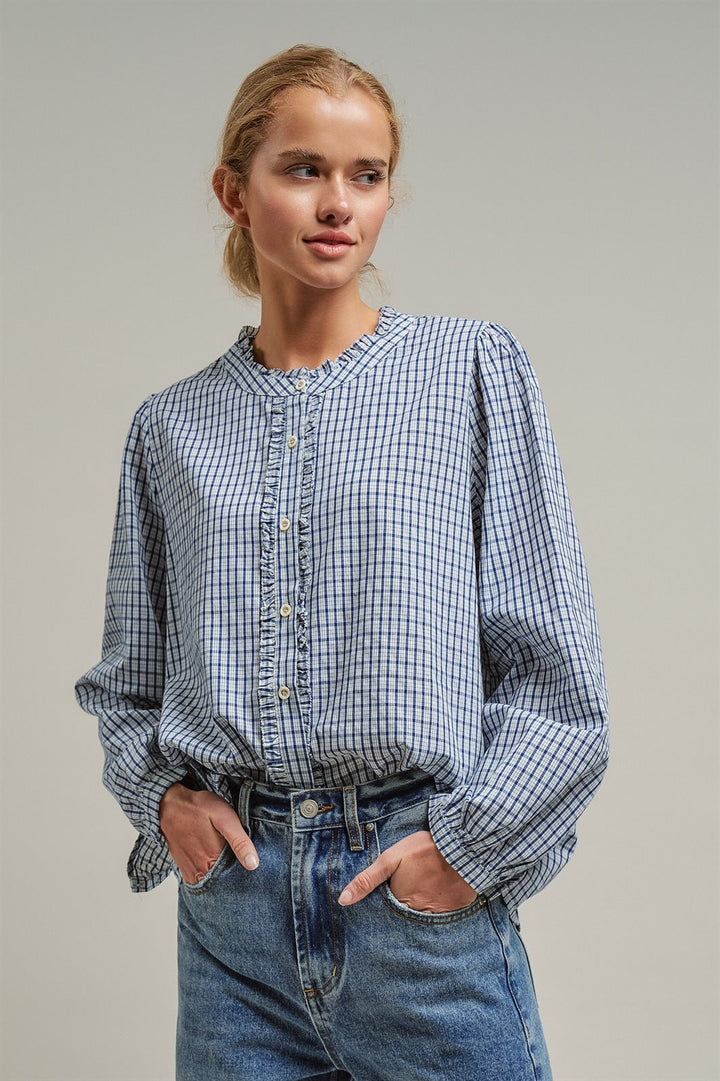 Gingham Check Ruffle Long Sleeve Button Up Cotton Blouse in Blue - Women's Wholesale Blankets | Trend Notes