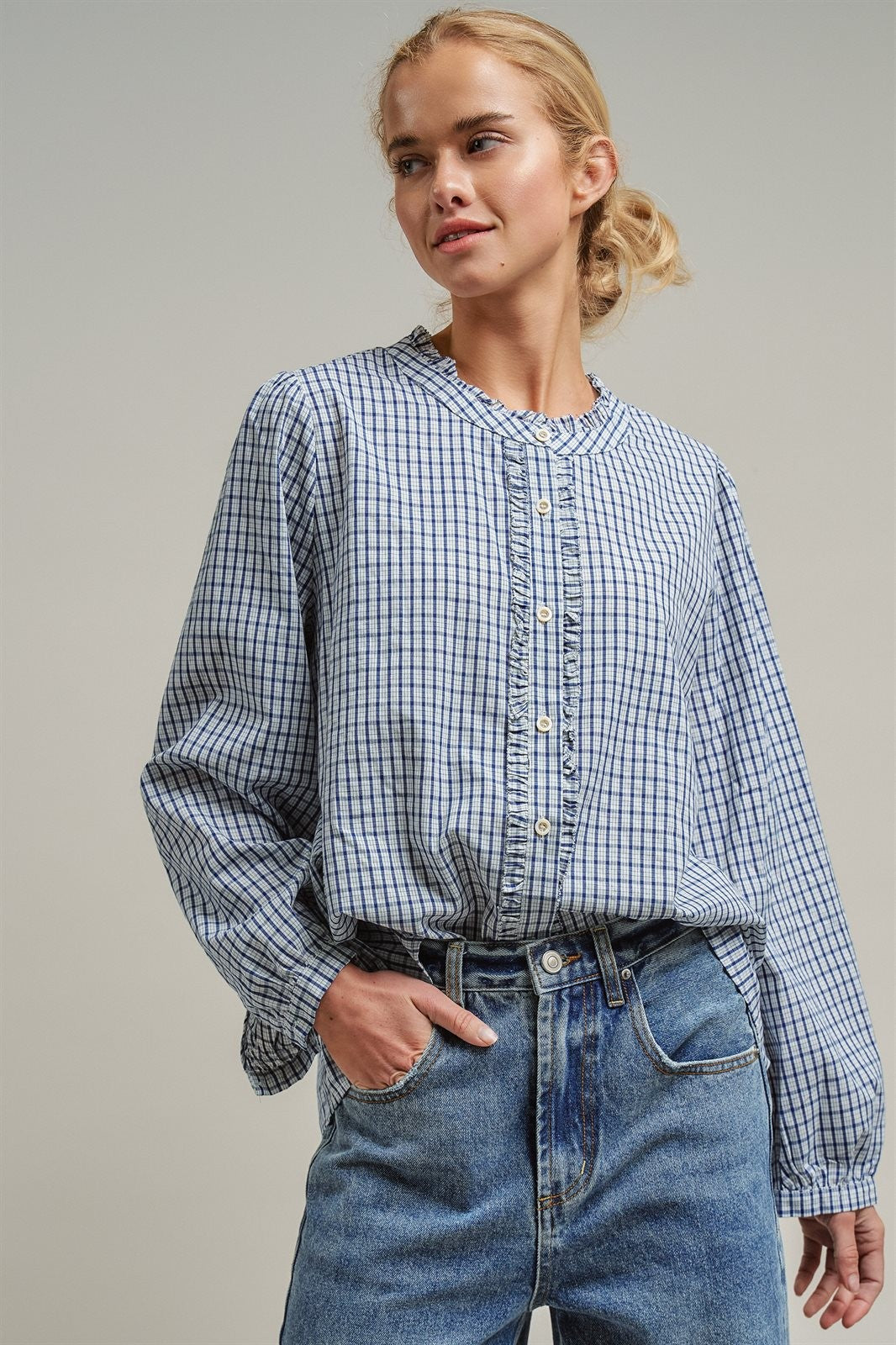 Gingham Check Ruffle Long Sleeve Button Up Cotton Blouse in Blue - Women's Wholesale Blankets | Trend Notes