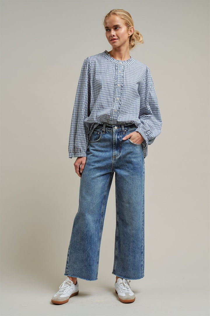 Gingham Check Ruffle Long Sleeve Button Up Cotton Blouse in Blue - Women's Wholesale Blankets | Trend Notes