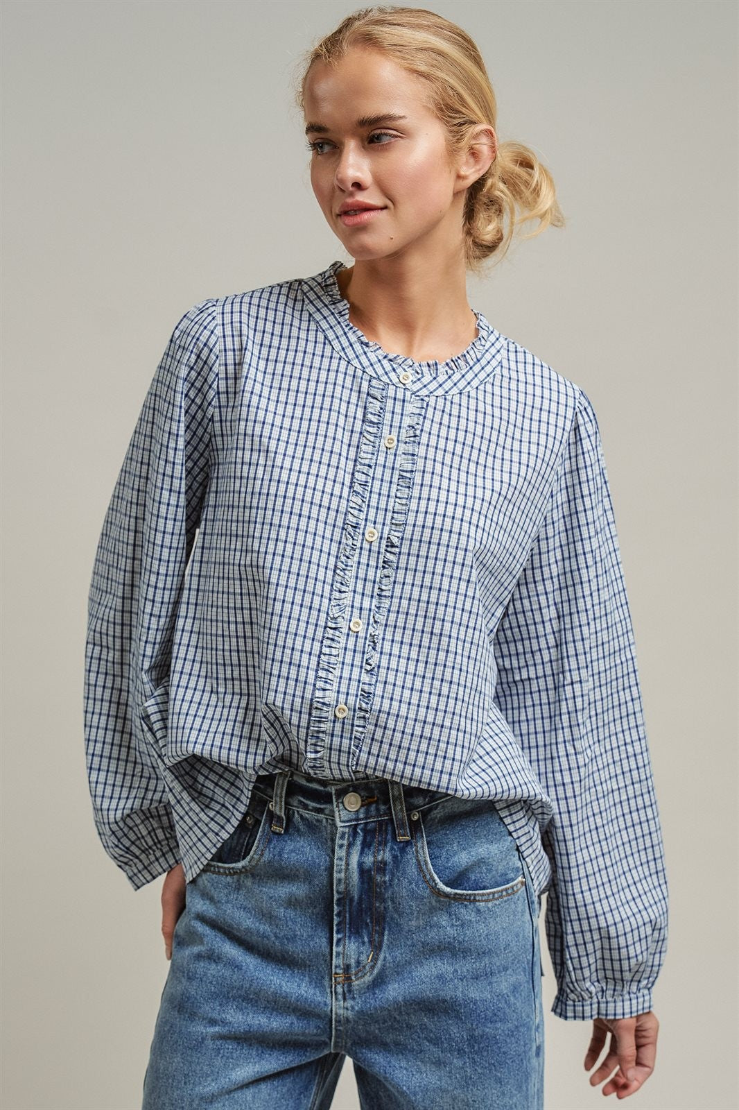 Gingham Check Ruffle Long Sleeve Button Up Cotton Blouse in Blue - Women's Wholesale Blankets | Trend Notes