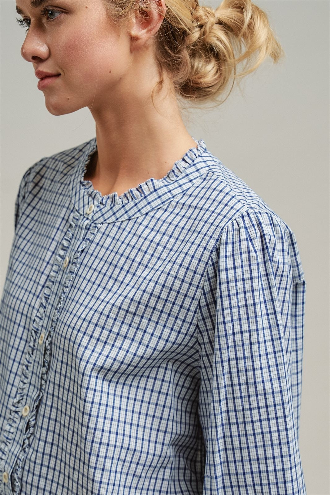 Gingham Check Ruffle Long Sleeve Button Up Cotton Blouse in Blue - Women's Wholesale Blankets | Trend Notes