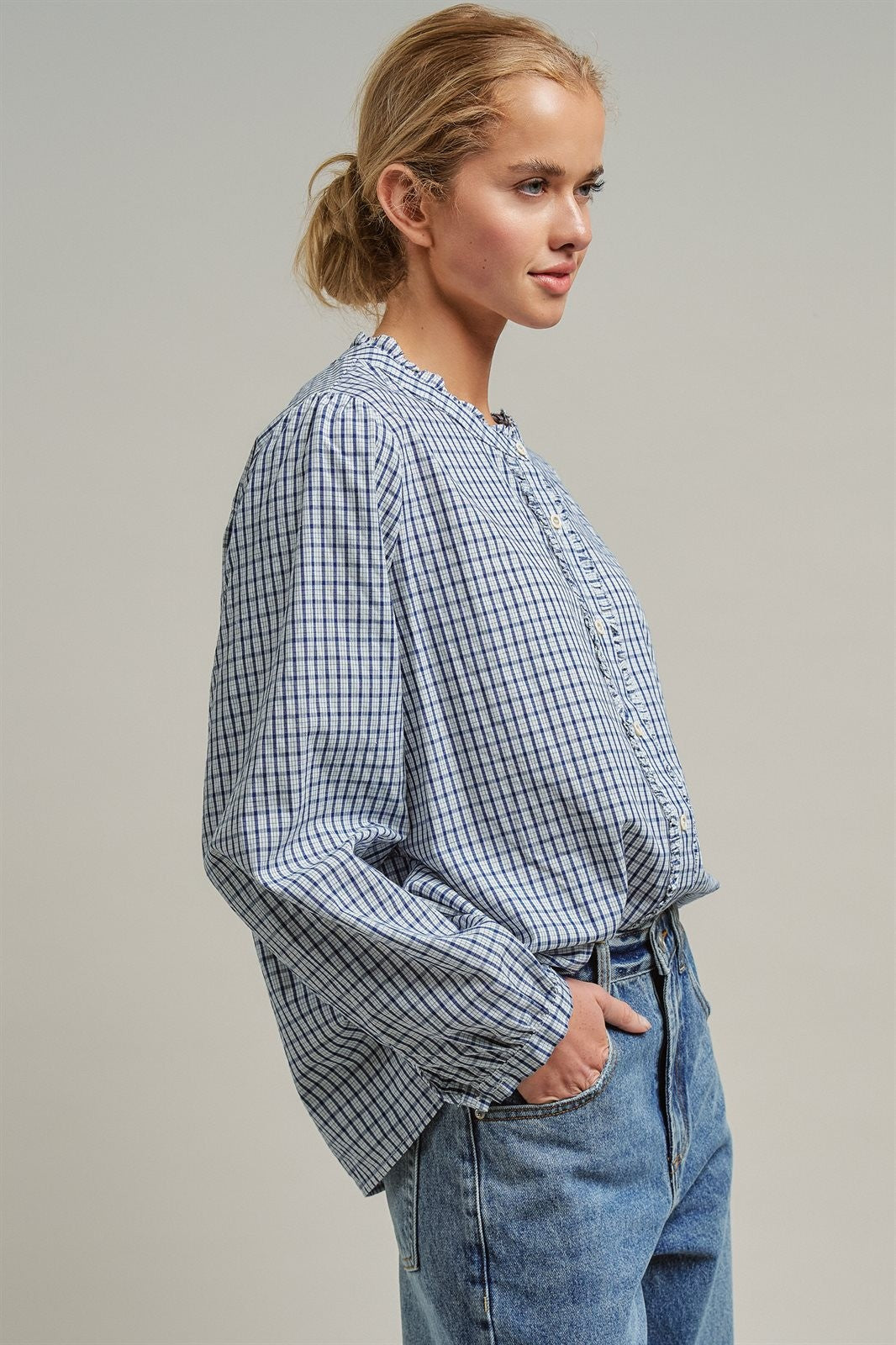 Gingham Check Ruffle Long Sleeve Button Up Cotton Blouse in Blue - Women's Wholesale Blankets | Trend Notes
