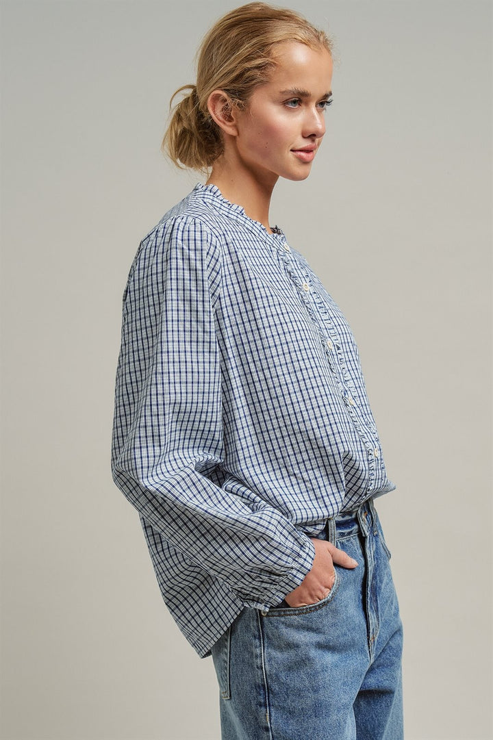 Gingham Check Ruffle Long Sleeve Button Up Cotton Blouse in Blue - Women's Wholesale Blankets | Trend Notes