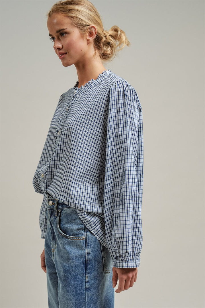 Gingham Check Ruffle Long Sleeve Button Up Cotton Blouse in Blue - Women's Wholesale Blankets | Trend Notes