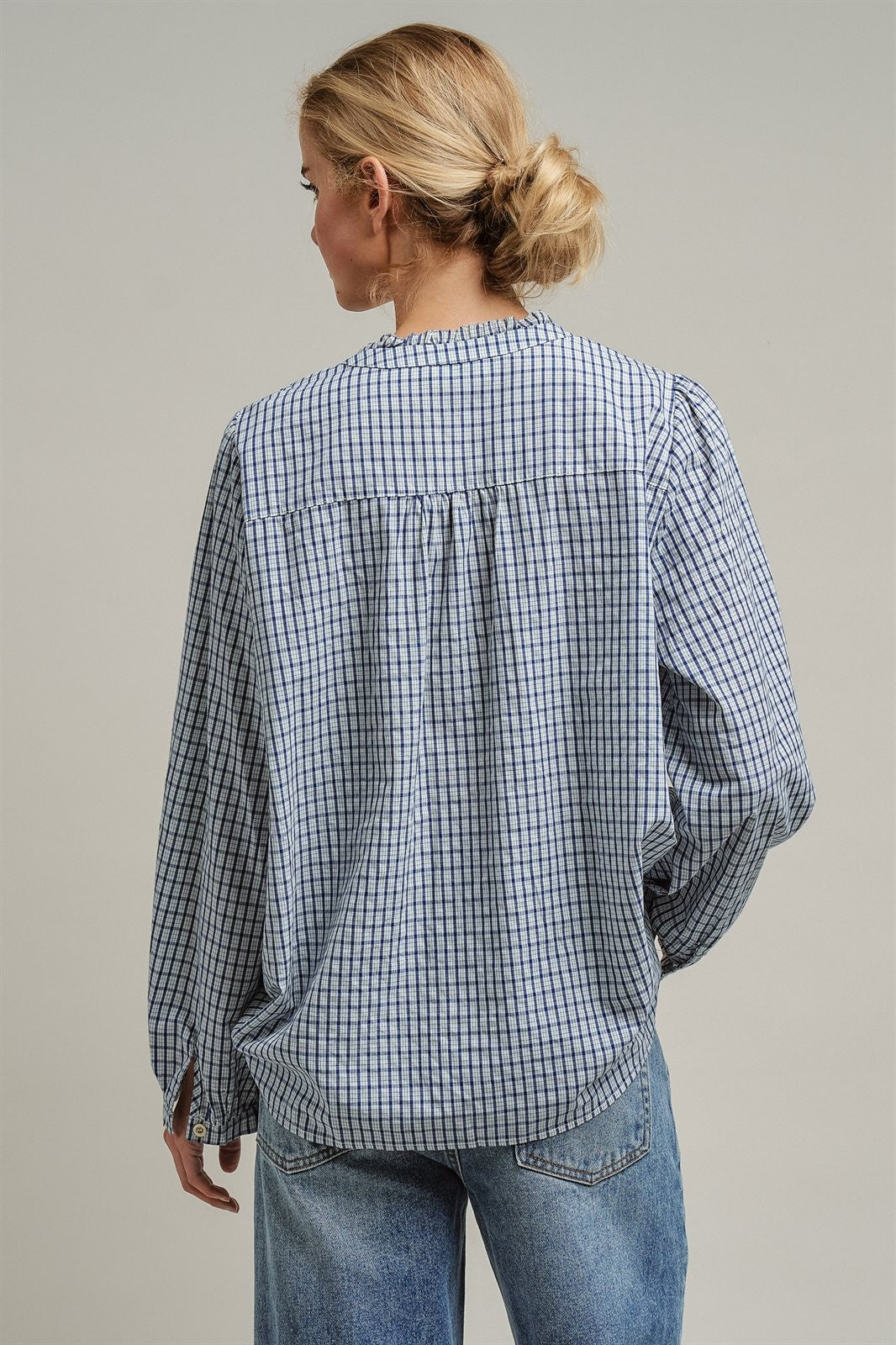 Gingham Check Ruffle Long Sleeve Button Up Cotton Blouse in Blue - Women's Wholesale Blankets | Trend Notes