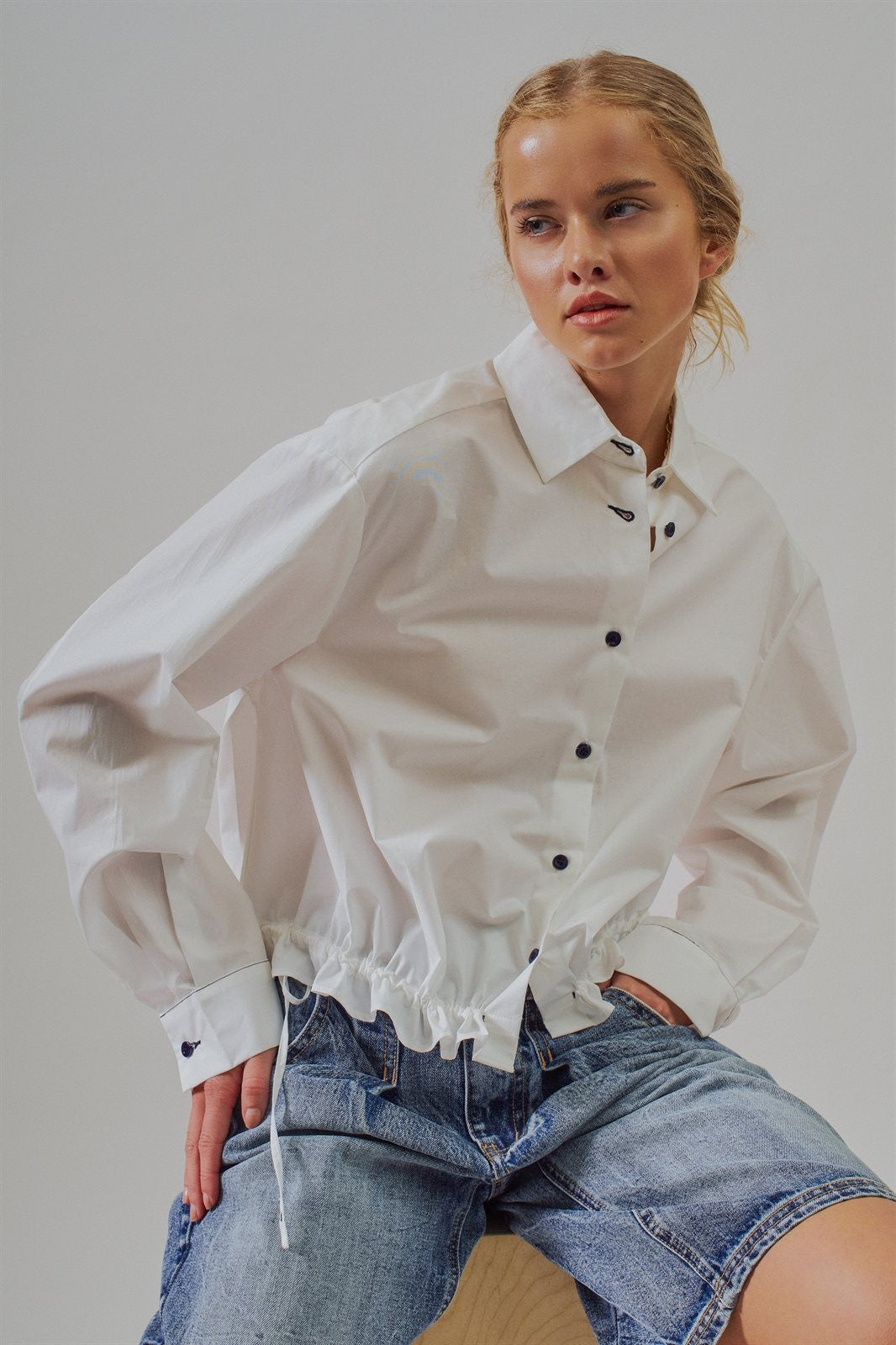 Drawstring Hem Cotton Button Down Shirt Old Money Coastal Gr in White - Women's Wholesale Blankets | Trend Notes
