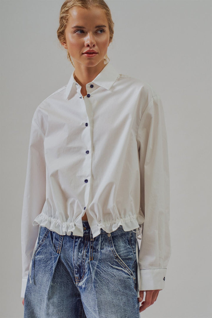 Drawstring Hem Cotton Button Down Shirt Old Money Coastal Gr in White - Women's Wholesale Blankets | Trend Notes