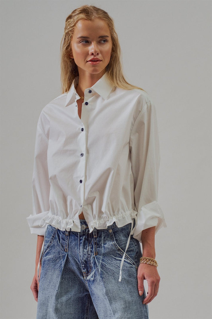 Drawstring Hem Cotton Button Down Shirt Old Money Coastal Gr in White - Women's Wholesale Blankets | Trend Notes