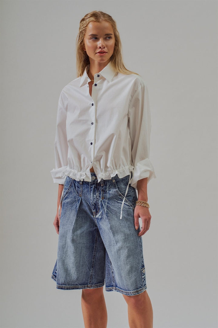 Drawstring Hem Cotton Button Down Shirt Old Money Coastal Gr in White - Women's Wholesale Blankets | Trend Notes