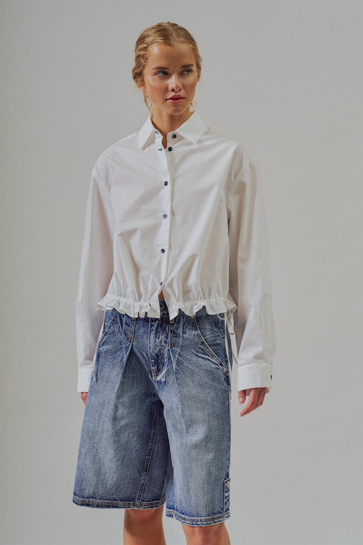 Drawstring Hem Cotton Button Down Shirt Old Money Coastal Gr in White - Women's Wholesale Blankets | Trend Notes