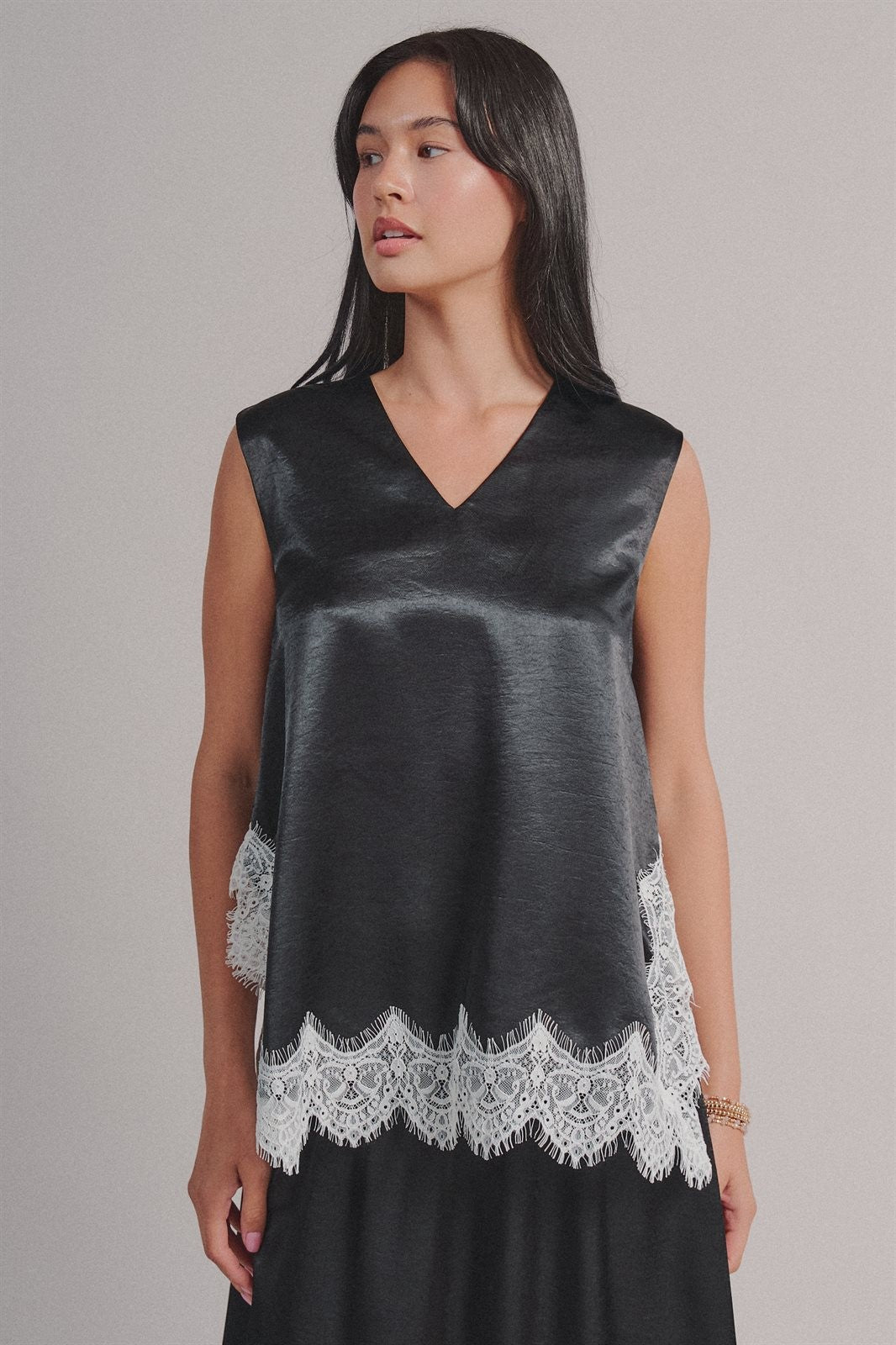 Satin Lace Trim Sleeveless V-Neck Top in Black - Women's Wholesale Shirts & Blouses | Trend Notes