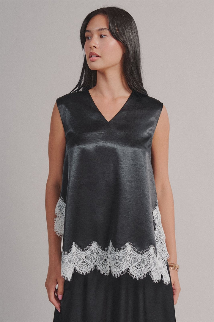 Satin Lace Trim Sleeveless V-Neck Top in Black - Women's Wholesale Shirts & Blouses | Trend Notes