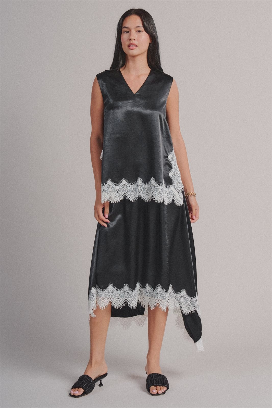 Satin Lace Trim Sleeveless V-Neck Top in Black - Women's Wholesale Shirts & Blouses | Trend Notes