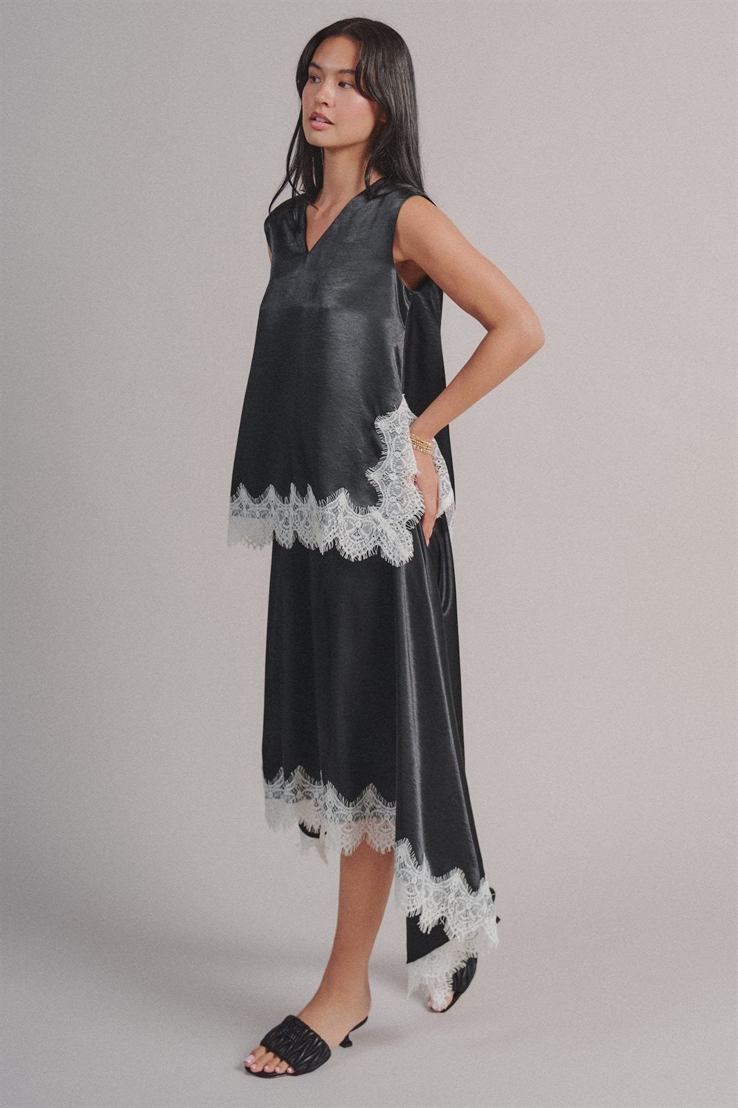 Satin Lace Trim Sleeveless V-Neck Top in Black - Women's Wholesale Shirts & Blouses | Trend Notes