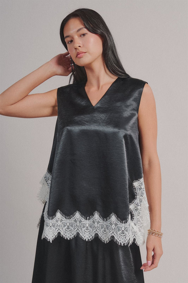 Satin Lace Trim Sleeveless V-Neck Top in Black - Women's Wholesale Shirts & Blouses | Trend Notes