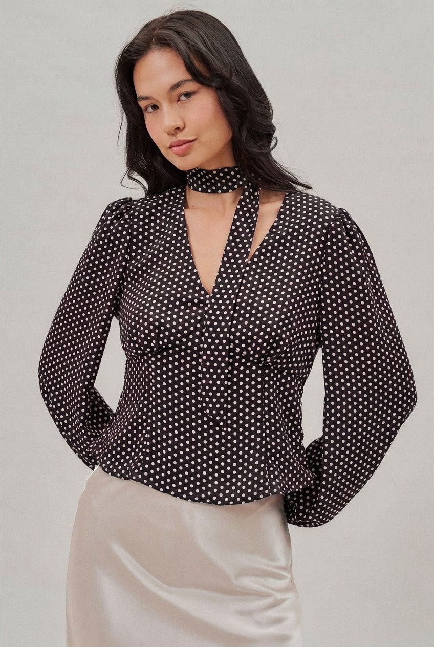 Polka Dot Satin Blouse with Tie Neck and Puff Sleeves in Black - Women's Wholesale Blankets | Trend Notes